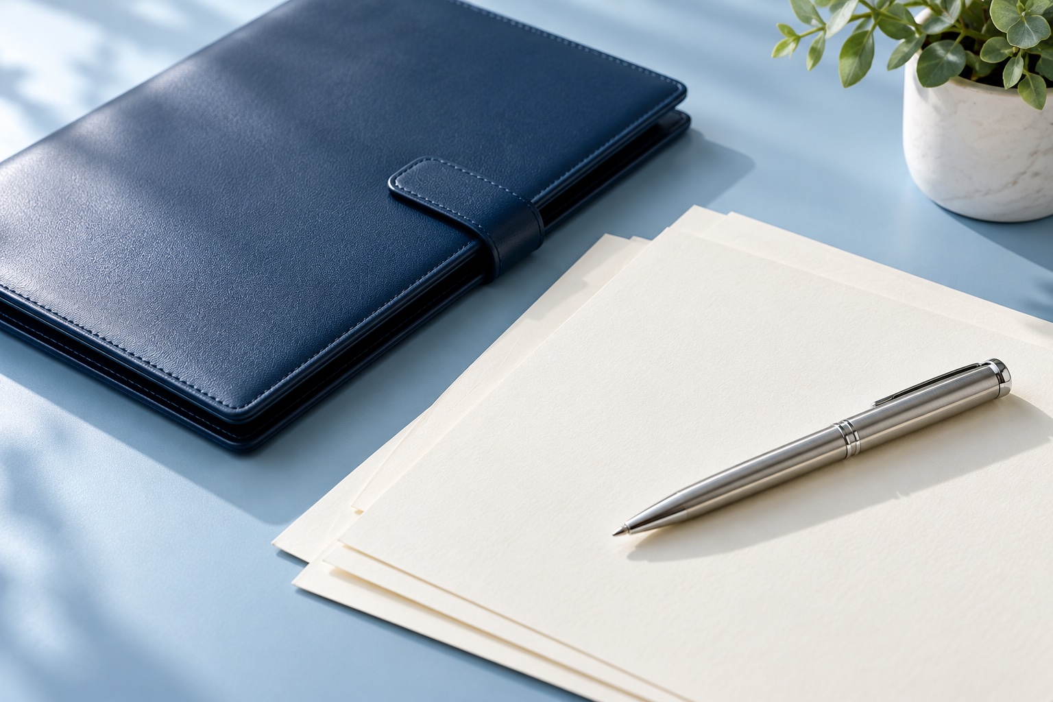 Illustrative still life of a navy folio, blank paper and a silver pen